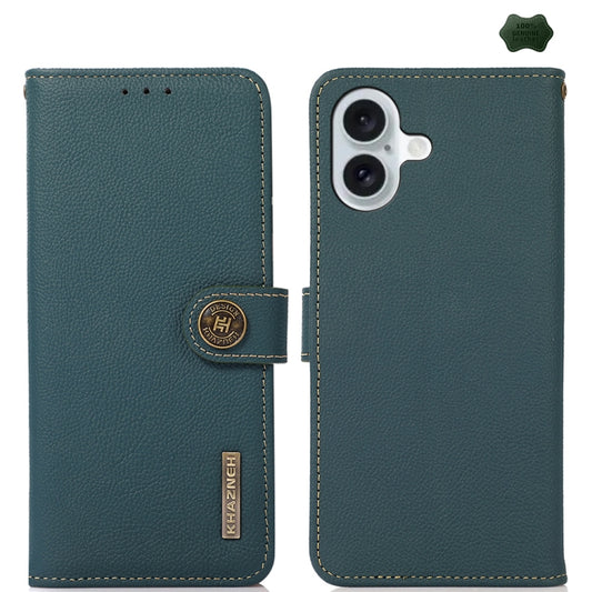 For iPhone 16 Plus KHAZNEH Custer Genuine Leather RFID Phone Case(Green) - iPhone 16 Plus Cases by buy2fix | Online Shopping UK | buy2fix