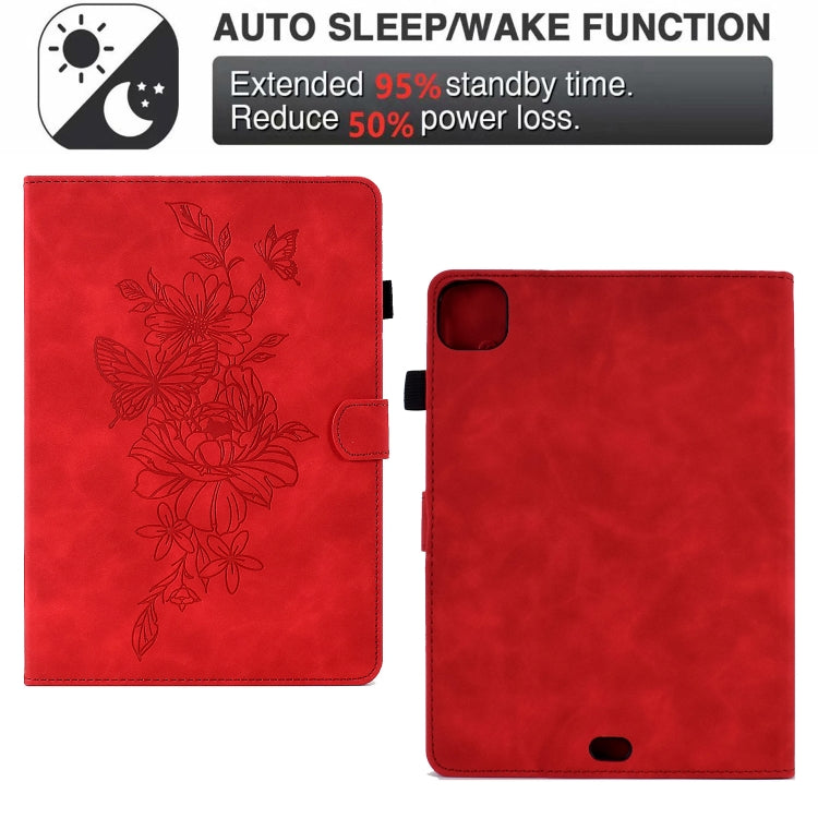 For iPad Pro 11 2024 Peony Butterfly Embossed Leather Smart Tablet Case(Red) - iPad Pro 11 2024 Cases by buy2fix | Online Shopping UK | buy2fix