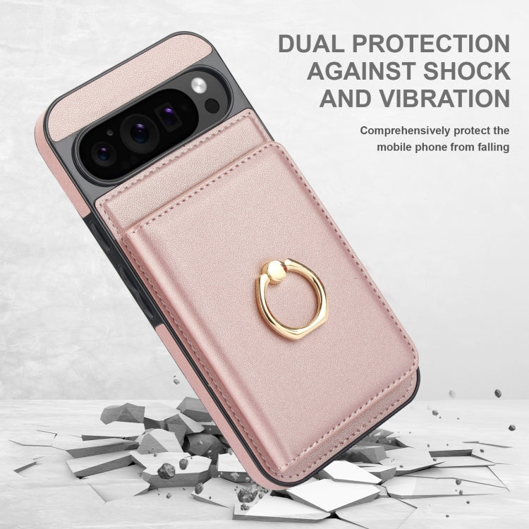 For Google Pixel 9 Pro XL RFID Anti-theft Card Ring Holder Phone Case(Rose Gold) - Google Cases by buy2fix | Online Shopping UK | buy2fix