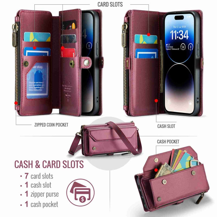 For iPhone 14 Pro Max CaseMe C36 Card Slots Zipper Wallet RFID Anti-theft Leather Phone Case(Wine Red) - iPhone 14 Pro Max Cases by CaseMe | Online Shopping UK | buy2fix