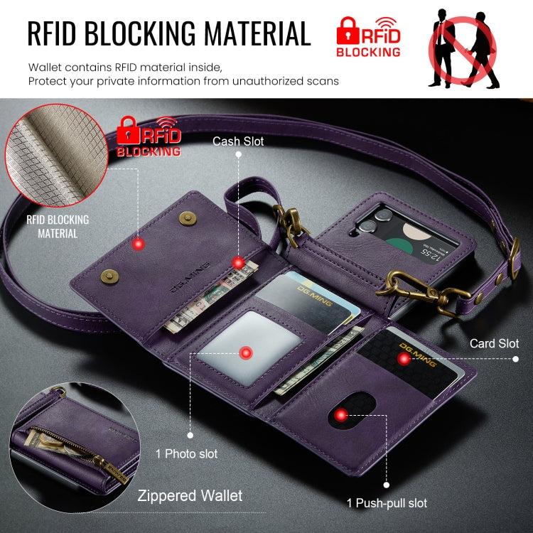 For Samsung Galaxy Z Flip4 5G DG.MING M5 Series Zip RFID Multi Card Detachable Leather Phone Case with Long Lanyard(Purple) - Galaxy Z Flip4 5G Cases by DG.MING | Online Shopping UK | buy2fix