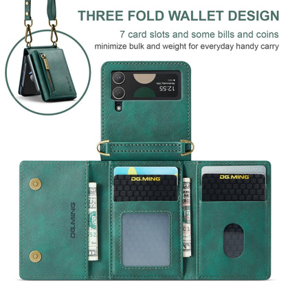 For Samsung Galaxy Z Flip4 5G DG.MING M5 Series Zip RFID Multi Card Detachable Leather Phone Case with Long Lanyard(Green) - Galaxy Z Flip4 5G Cases by DG.MING | Online Shopping UK | buy2fix