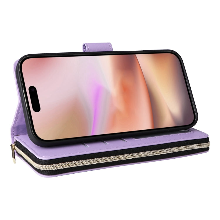 For iPhone 16 Plus Crossbody Rhombic Zipper Tower Buckle Leather Phone Case with Lanyard(Purple) - iPhone 16 Plus Cases by buy2fix | Online Shopping UK | buy2fix