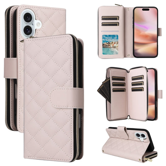 For iPhone 16 Plus Crossbody Rhombic Zipper Tower Buckle Leather Phone Case with Lanyard(Beige) - iPhone 16 Plus Cases by buy2fix | Online Shopping UK | buy2fix