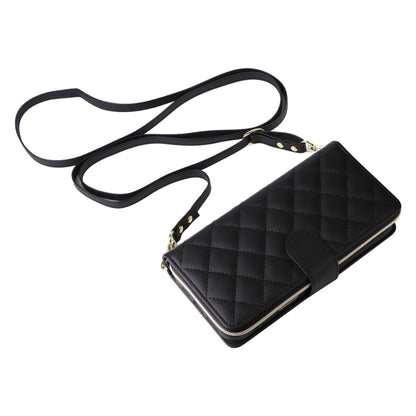 For iPhone 16 Plus Crossbody Rhombic Zipper Tower Buckle Leather Phone Case with Lanyard(Black) - iPhone 16 Plus Cases by buy2fix | Online Shopping UK | buy2fix