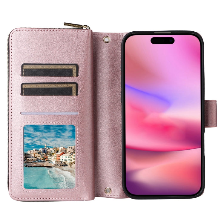 For iPhone 16 Crossbody Rhombic Zipper Tower Buckle Leather Phone Case with Lanyard(Rose Gold) - iPhone 16 Cases by buy2fix | Online Shopping UK | buy2fix