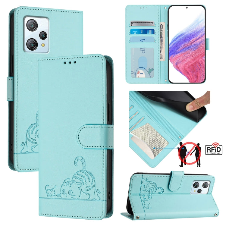 For Blackview A53 Cat Rat Embossed Pattern RFID Leather Phone Case with Lanyard(Mint Green) - More Brand by buy2fix | Online Shopping UK | buy2fix