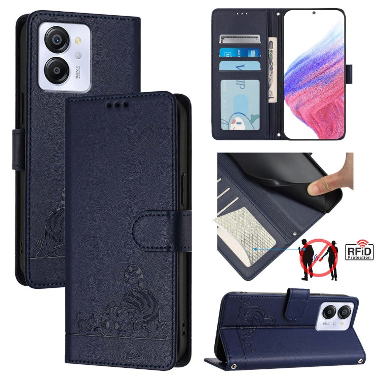 For Blackview Color 8 Cat Rat Embossed Pattern RFID Leather Phone Case with Lanyard(Blue) - More Brand by buy2fix | Online Shopping UK | buy2fix