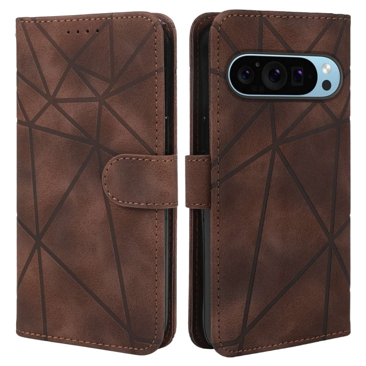 For Google Pixel 9 / 9 Pro Skin Feel Geometric Lines Leather Phone Case(Brown) - Google Cases by buy2fix | Online Shopping UK | buy2fix