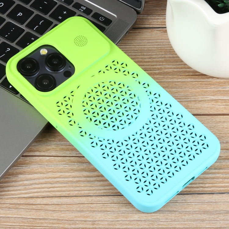 For iPhone 14 Pro Gradient Color Honeycomb Aromatherapy MagSafe Phone Case(Green Blue) - iPhone 14 Pro Cases by buy2fix | Online Shopping UK | buy2fix
