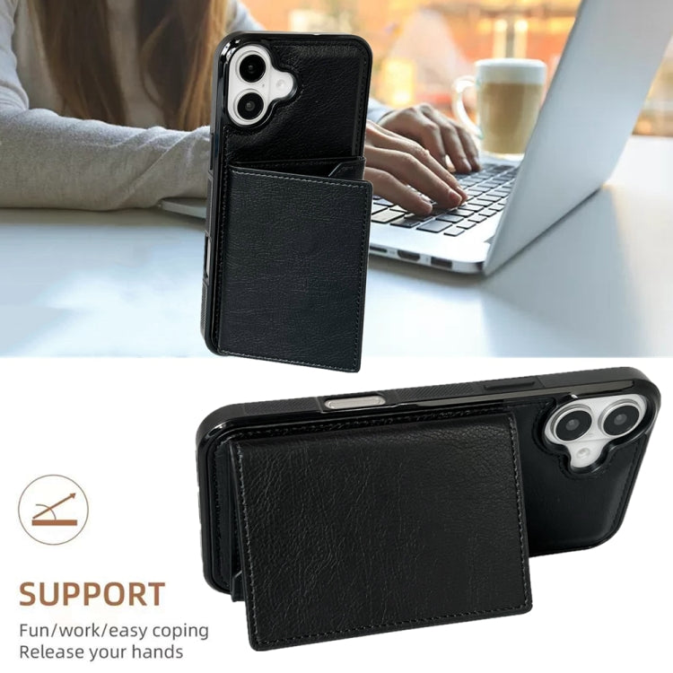 For iPhone 16 Solid Color Metal Buckle Card Slots Bag Phone Case(Black) - iPhone 16 Cases by buy2fix | Online Shopping UK | buy2fix