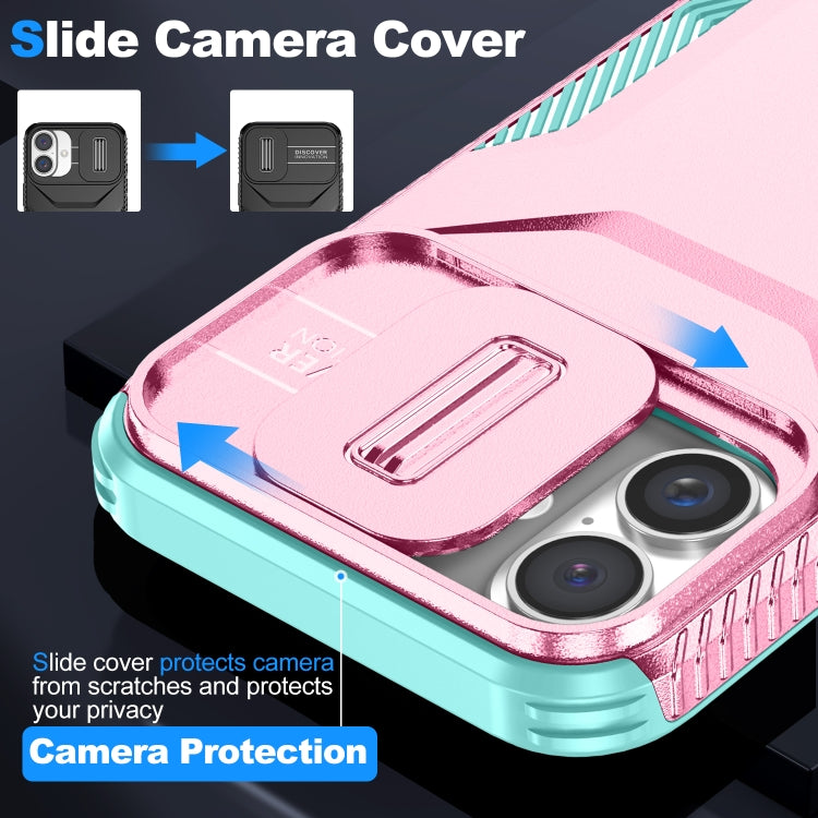 For iPhone 16 Plus Sliding Camshield Phone Case(Pink + Grey Green) - iPhone 16 Plus Cases by buy2fix | Online Shopping UK | buy2fix