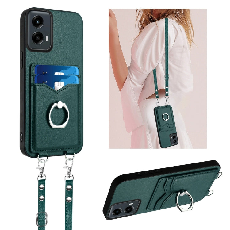 For Motorola Moto G Play 2024 5G R20 Crossbody Rope Ring Card Holder Phone Case(Green) - Motorola Cases by buy2fix | Online Shopping UK | buy2fix