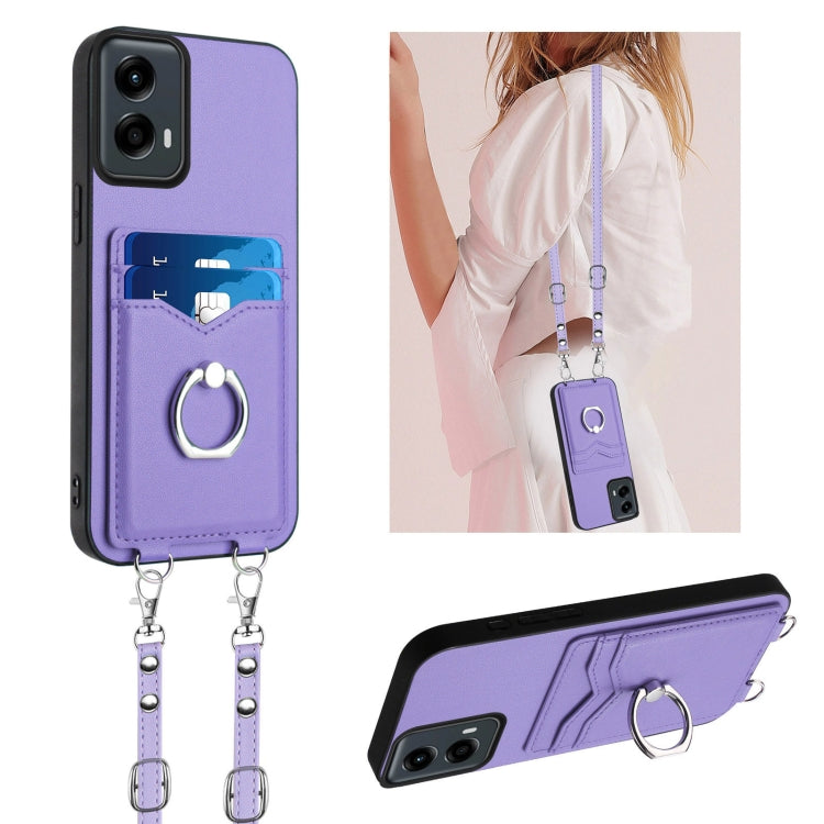 For Motorola Moto G Play 2024 5G R20 Crossbody Rope Ring Card Holder Phone Case(Purple) - Motorola Cases by buy2fix | Online Shopping UK | buy2fix