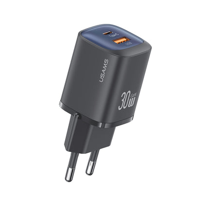 USAMS CC254 30W USB+USB-C / Type-C Dual Port GaN Fast Charger, EU Plug(Black) - USB Charger by USAMS | Online Shopping UK | buy2fix