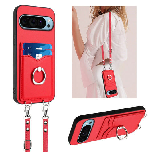 For Google Pixel 9 / 9 Pro R20 Crossbody Rope Ring Card Holder Phone Case(Red) - Google Cases by buy2fix | Online Shopping UK | buy2fix