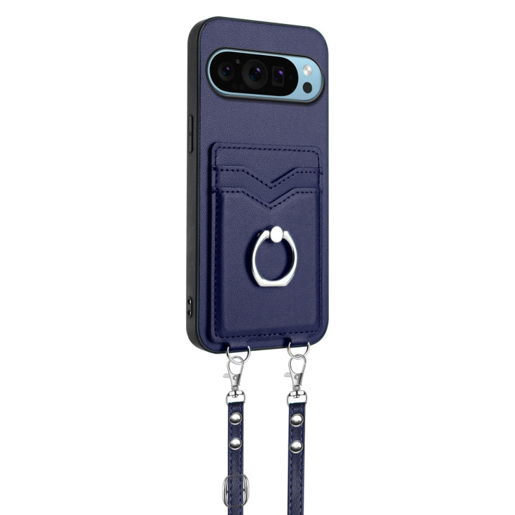 For Google Pixel 9 / 9 Pro R20 Crossbody Rope Ring Card Holder Phone Case(Blue) - Google Cases by buy2fix | Online Shopping UK | buy2fix