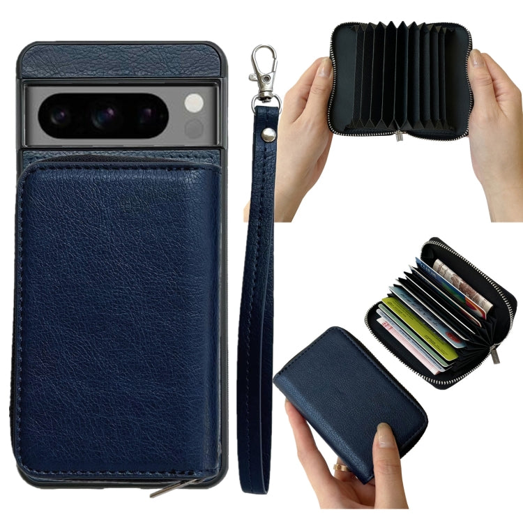 For Google Pixel 9 / 9 Pro Solid Color Zipper 11-Card Slots Bag Phone Case with Lanyard(Blue) - Google Cases by buy2fix | Online Shopping UK | buy2fix