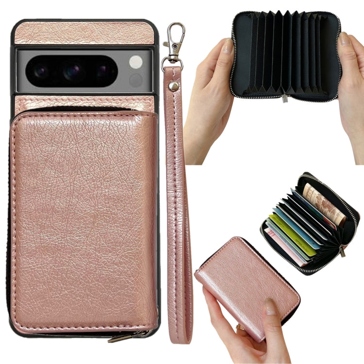 For Google Pixel 9 / 9 Pro Solid Color Zipper 11-Card Slots Bag Phone Case with Lanyard(Rose Gold) - Google Cases by buy2fix | Online Shopping UK | buy2fix