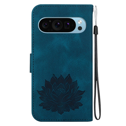 For Google Pixel 9 Pro Lotus Embossed Leather Phone Case(Dark Blue) - Google Cases by buy2fix | Online Shopping UK | buy2fix