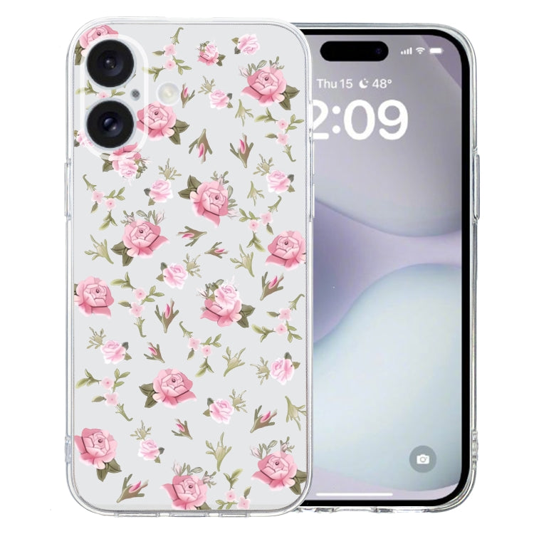 For iPhone 16 Colored Drawing Pattern Transparent TPU Phone Case(Pink Floral) - iPhone 16 Cases by buy2fix | Online Shopping UK | buy2fix