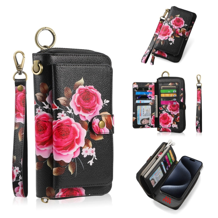 For iPhone 15 Pro Max POLA MagSafe Flower Multi-functional Zipper Wallet Leather Phone Case(Black) - iPhone 15 Pro Max Cases by buy2fix | Online Shopping UK | buy2fix