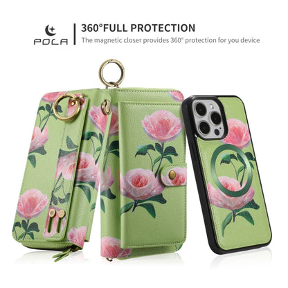 For iPhone 15 Pro POLA MagSafe Flower Multi-functional Zipper Wallet Leather Phone Case(Green) - iPhone 15 Pro Cases by buy2fix | Online Shopping UK | buy2fix