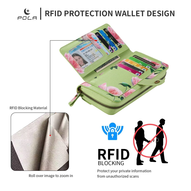 For iPhone 15 Pro POLA MagSafe Flower Multi-functional Zipper Wallet Leather Phone Case(Green) - iPhone 15 Pro Cases by buy2fix | Online Shopping UK | buy2fix