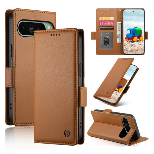 For Google Pixel 9 Side Buckle Magnetic Frosted Leather Phone Case(Brown) - Google Cases by buy2fix | Online Shopping UK | buy2fix