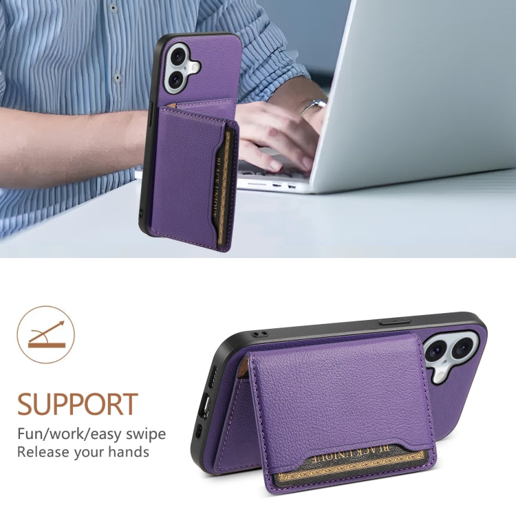 For iPhone 16 Plus Calf Texture Card Bag Design Full Coverage Phone Case(Purple) - iPhone 16 Plus Cases by buy2fix | Online Shopping UK | buy2fix