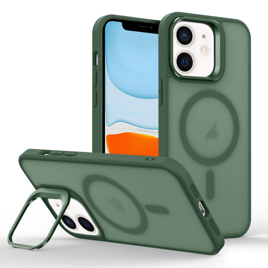 For iPhone 11 Skin Feel Lens Holder Magsafe Phone Case(Deep Green) - iPhone 11 Cases by buy2fix | Online Shopping UK | buy2fix