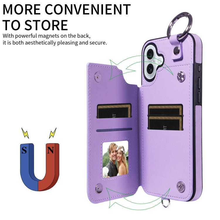 For iPhone 16 Plus Rhombic Texture Card Bag Phone Case with Short Lanyard(Purple) - iPhone 16 Plus Cases by buy2fix | Online Shopping UK | buy2fix