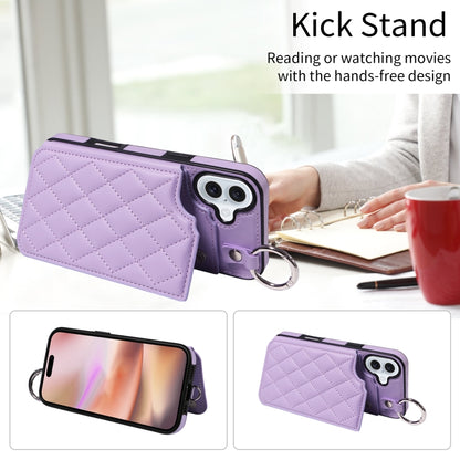 For iPhone 16 Plus Rhombic Texture Card Bag Phone Case with Short Lanyard(Purple) - iPhone 16 Plus Cases by buy2fix | Online Shopping UK | buy2fix