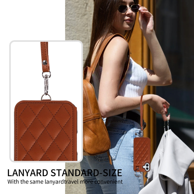 For iPhone 16 Plus Rhombic Texture Card Bag Phone Case with Short Lanyard(Brown) - iPhone 16 Plus Cases by buy2fix | Online Shopping UK | buy2fix