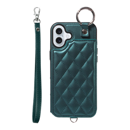 For iPhone 16 Plus Rhombic Texture Card Bag Phone Case with Short Lanyard(Green) - iPhone 16 Plus Cases by buy2fix | Online Shopping UK | buy2fix