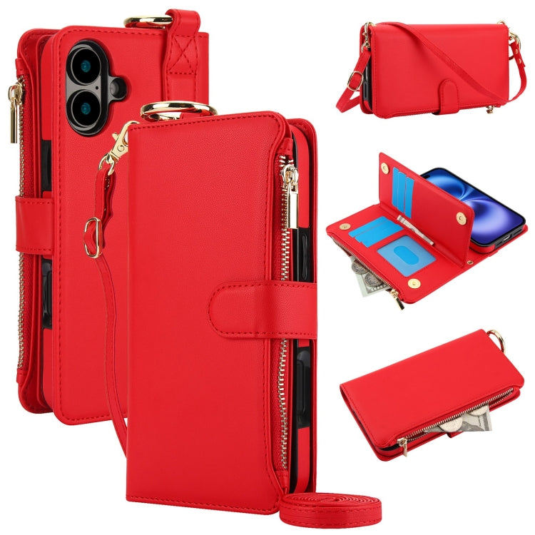 For iPhone 16 Crossbody Ring Multifunctional Wallet Leather Phone Case(Red) - iPhone 16 Cases by buy2fix | Online Shopping UK | buy2fix