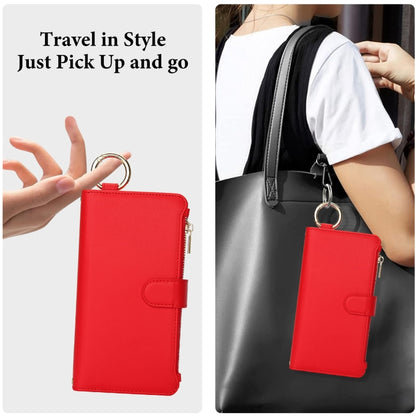 For iPhone 16 Crossbody Ring Multifunctional Wallet Leather Phone Case(Red) - iPhone 16 Cases by buy2fix | Online Shopping UK | buy2fix