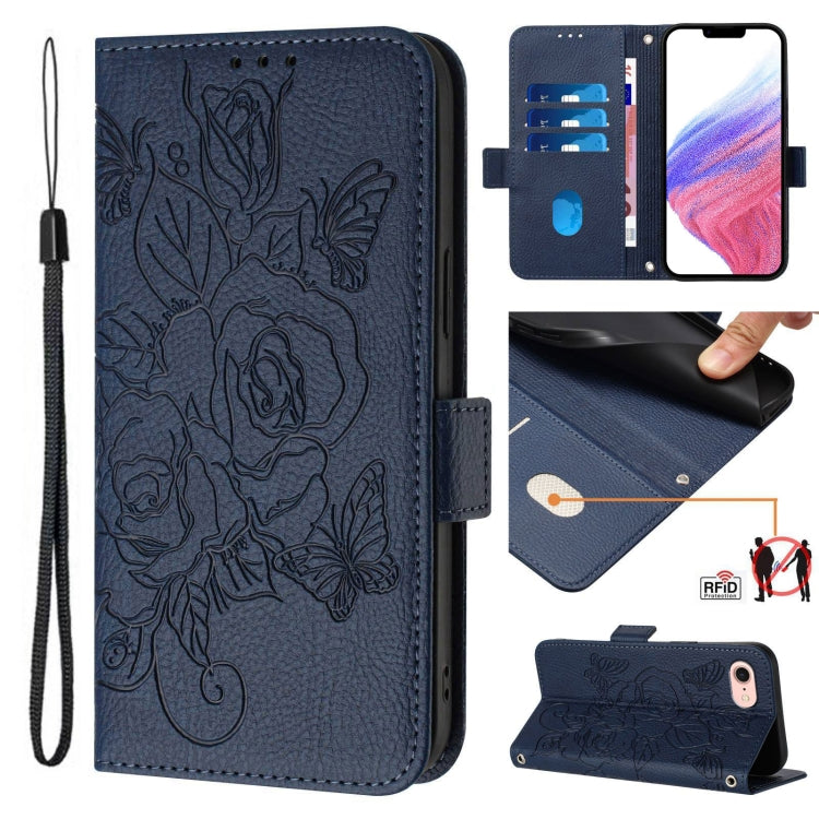 For iPhone SE 2024 Embossed Rose RFID Anti-theft Leather Phone Case(Dark Blue) - More iPhone Cases by buy2fix | Online Shopping UK | buy2fix