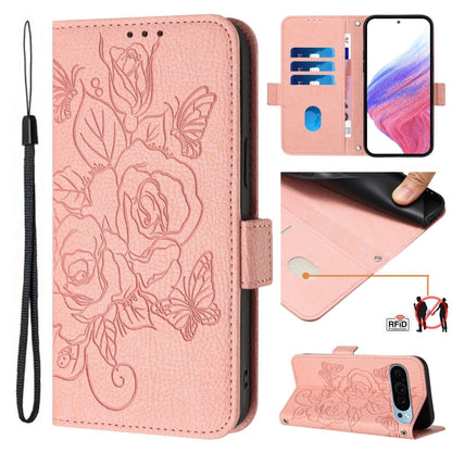 For Google Pixel 9 / 9 Pro Embossed Rose RFID Anti-theft Leather Phone Case(Pink) - Google Cases by buy2fix | Online Shopping UK | buy2fix