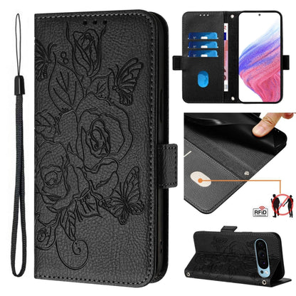 For Google Pixel 9 Pro XL Embossed Rose RFID Anti-theft Leather Phone Case(Black) - Google Cases by buy2fix | Online Shopping UK | buy2fix