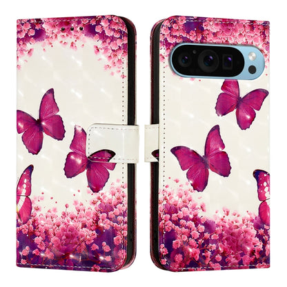 For Google Pixel 9 3D Painting Horizontal Flip Leather Phone Case(Rose Butterfly) - Google Cases by buy2fix | Online Shopping UK | buy2fix