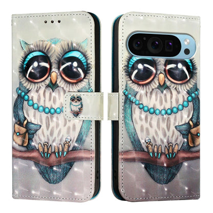 For Google Pixel 9 3D Painting Horizontal Flip Leather Phone Case(Grey Owl) - Google Cases by buy2fix | Online Shopping UK | buy2fix