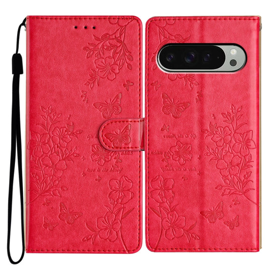 For Google Pixel 9 Pro XL Butterflies and Flowers Leather Phone Case(Red) - Google Cases by buy2fix | Online Shopping UK | buy2fix