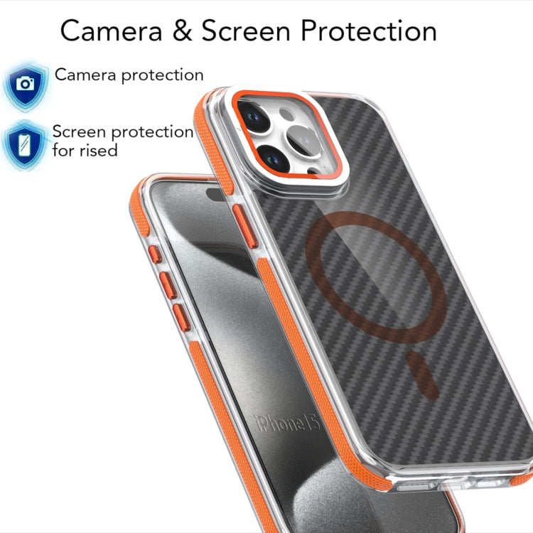 For iPhone 14 Plus Magsafe Dual-Color Carbon Fiber Lens Film Phone Case with Lens Fold Holder(Orange) - iPhone 14 Plus Cases by buy2fix | Online Shopping UK | buy2fix