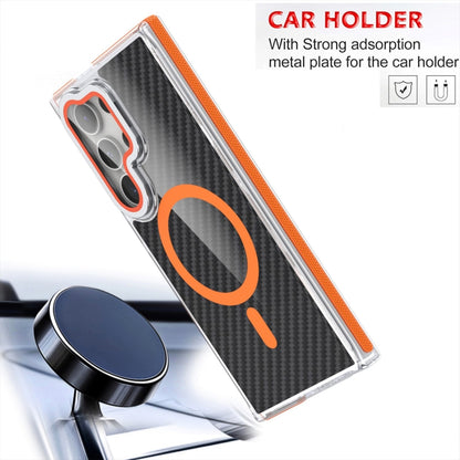 For Samsung Galaxy S24 Ultra 5G Magsafe Dual-Color Carbon Fiber Lens Film Phone Case with Lens Fold Holder(Orange) - Galaxy S24 Ultra 5G Cases by buy2fix | Online Shopping UK | buy2fix