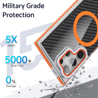 For Samsung Galaxy S24 Ultra 5G Magsafe Dual-Color Carbon Fiber Lens Film Phone Case with Lens Fold Holder(Orange) - Galaxy S24 Ultra 5G Cases by buy2fix | Online Shopping UK | buy2fix