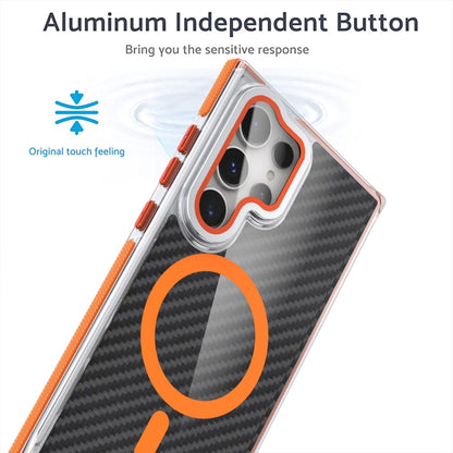 For Samsung Galaxy S24 Ultra 5G Magsafe Dual-Color Carbon Fiber Lens Film Phone Case with Lens Fold Holder(Orange) - Galaxy S24 Ultra 5G Cases by buy2fix | Online Shopping UK | buy2fix