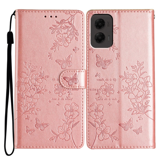 For Motorola Moto G Stylus 5G 2024 Butterflies and Flowers Leather Phone Case(Rose Gold) - Motorola Cases by buy2fix | Online Shopping UK | buy2fix