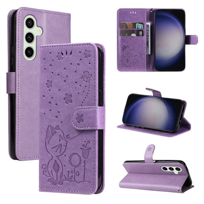 For Samsung Galaxy S25+ / S24+ 5G Cat and Bee Embossed Flip Leather Phone Case(Purple) - Galaxy S25+ 5G Cases by buy2fix | Online Shopping UK | buy2fix