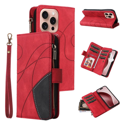 For iPhone 16 Pro Dual-color 9 Card Slots Zipper Wallet Leather Phone Case(Red) - iPhone 16 Pro Cases by buy2fix | Online Shopping UK | buy2fix